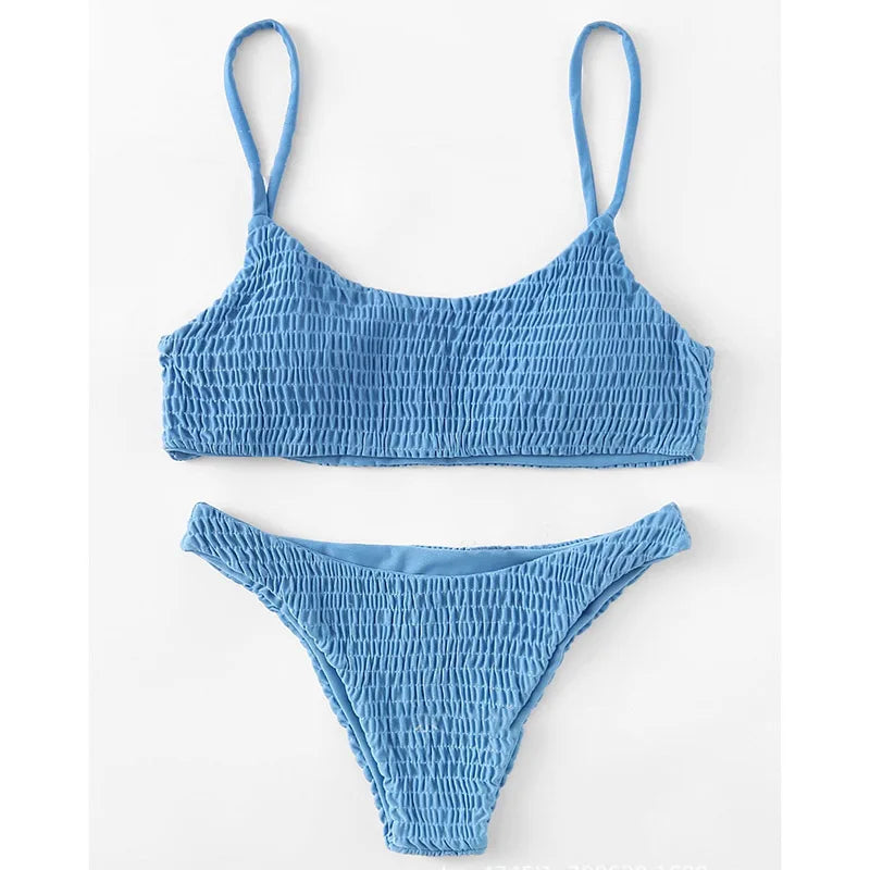 Sexy Triangle Bathing Suit for Women Vintage Pleated Suspender Push Up Bikini Summer 2025 New Simple Solid Swimwear Bikinis Sets