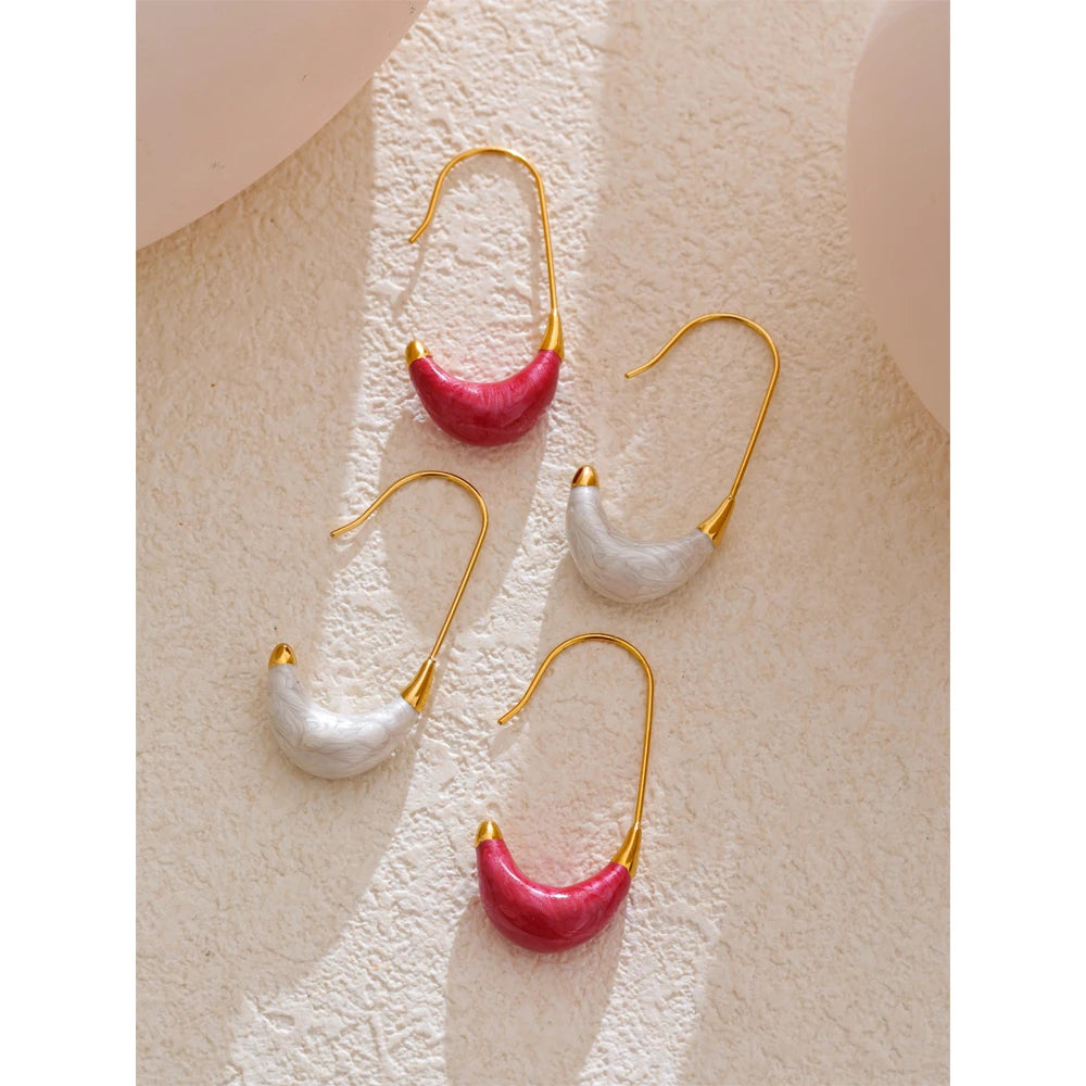 Yhpup New Popular Red White Enamel Metal U Shape Geometric Hoop Earrings for Women Stainless Steel Exquisite Daily Jewelry Gift