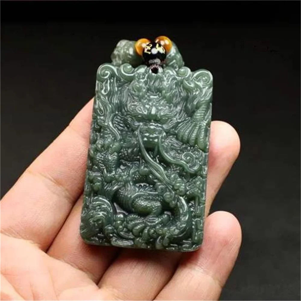 Natural Dark Green HeTian Jade Carved Chinese Unique Dragon Lucky Jade Pendant Male Neck Amulet Necklace Vintage Jewelry