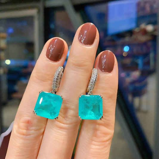 925 Silver Princess Cut Paraiba Tourmaline Lab Emerald Drop Earrings Women's Vintage Charm Wedding Party Dangler Luxury Jewelry