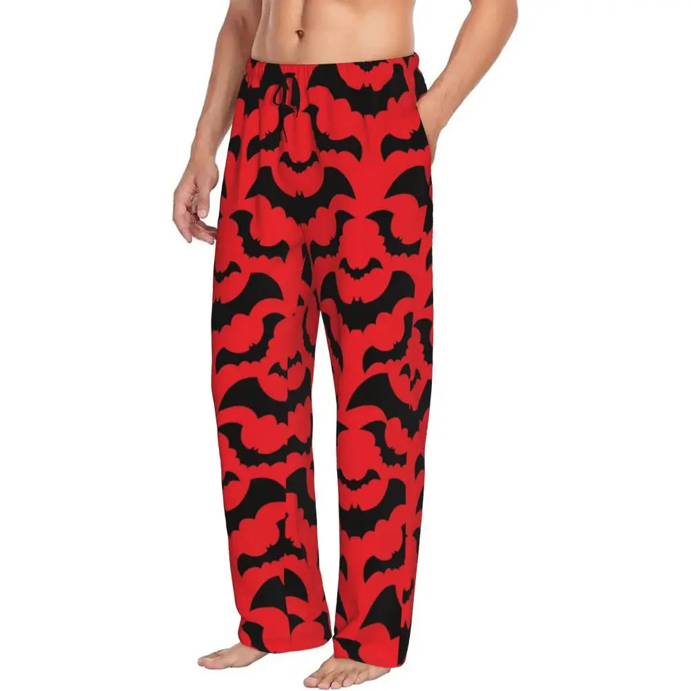 Custom Cute Spooky Halloween Bats Black And Purple Pajama Pants for Men Lounge Sleep Drawstring Sleepwear Bottoms with Pockets