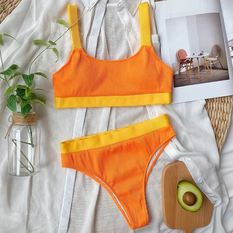 Sexy Splicing Ribbed Bikinis High Waist Bikini 2025 Female Swimsuit Women Swimwear Two-pieces Bikini Set Bathing Suit Swim Lady