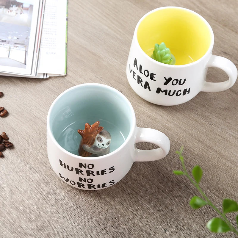 Cute Cartoon Coffee Figurine Mugs with Animal Inside, Ceramic 3D, Uincorn, Love Novelty Cup, Christmas Gift for Friends, Kids