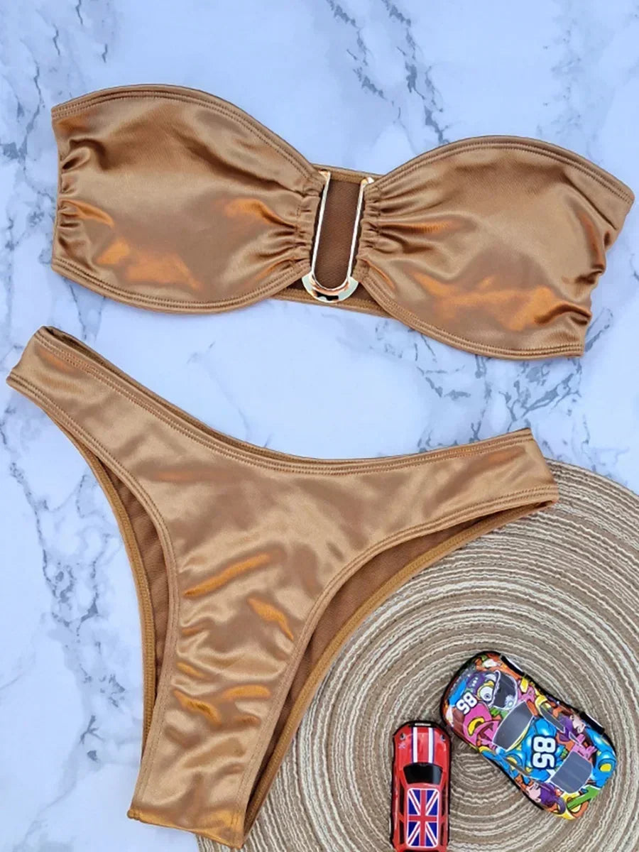 Shiny Bandeau Bikinis 2025 Strapless Bikini Female Swimsuit Women Swimwear Two-pieces Bikini Set High Cut Bathing Suit Swim Lady
