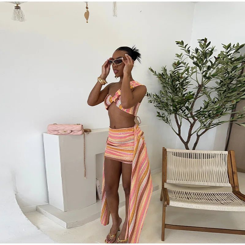 Knit Sequin Sexy One Shoulder Skirt Women Set colorful Crop Top Draped Mini Skirts Slim Bodycon 2 Pieces Sets Lady beachwear