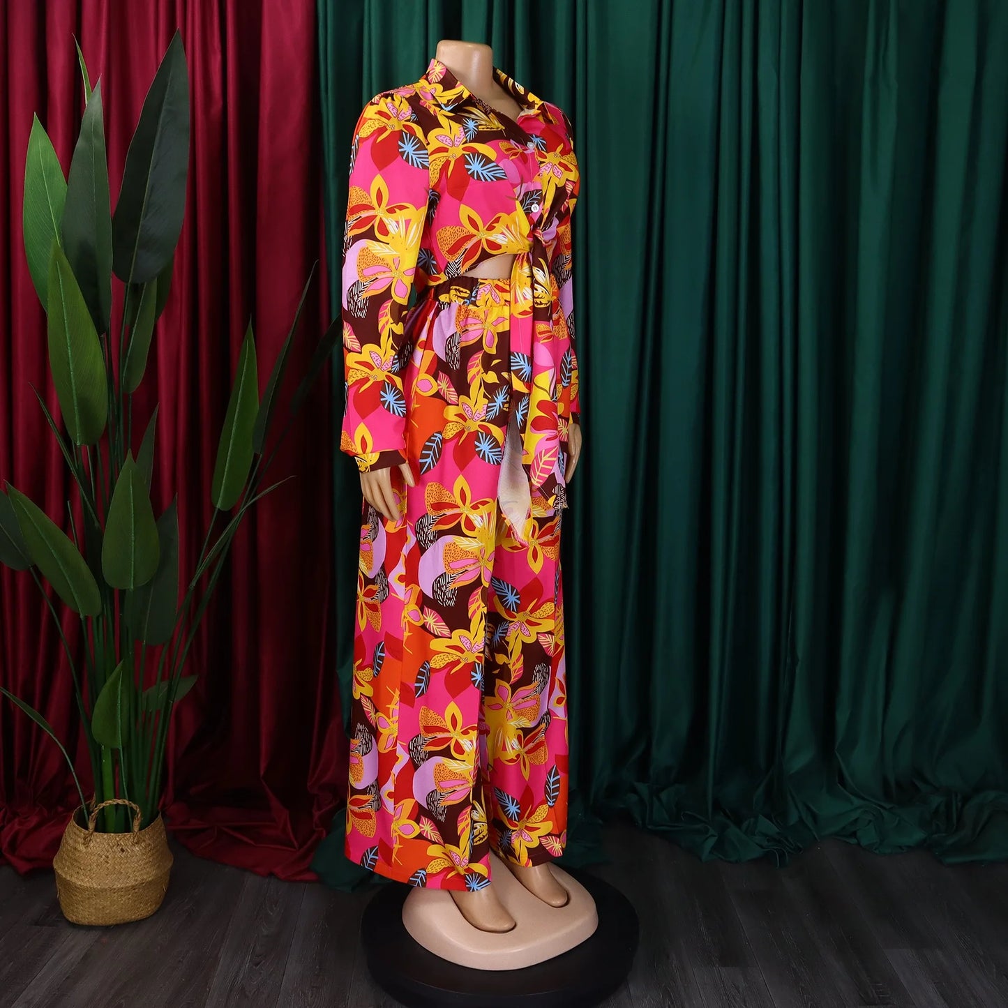 Women 2 Pieces Printed Pants Sets Blouse & Wide Leg Pants Floor Length Fashion High Street Wear Female Two Pieces Matching Sets