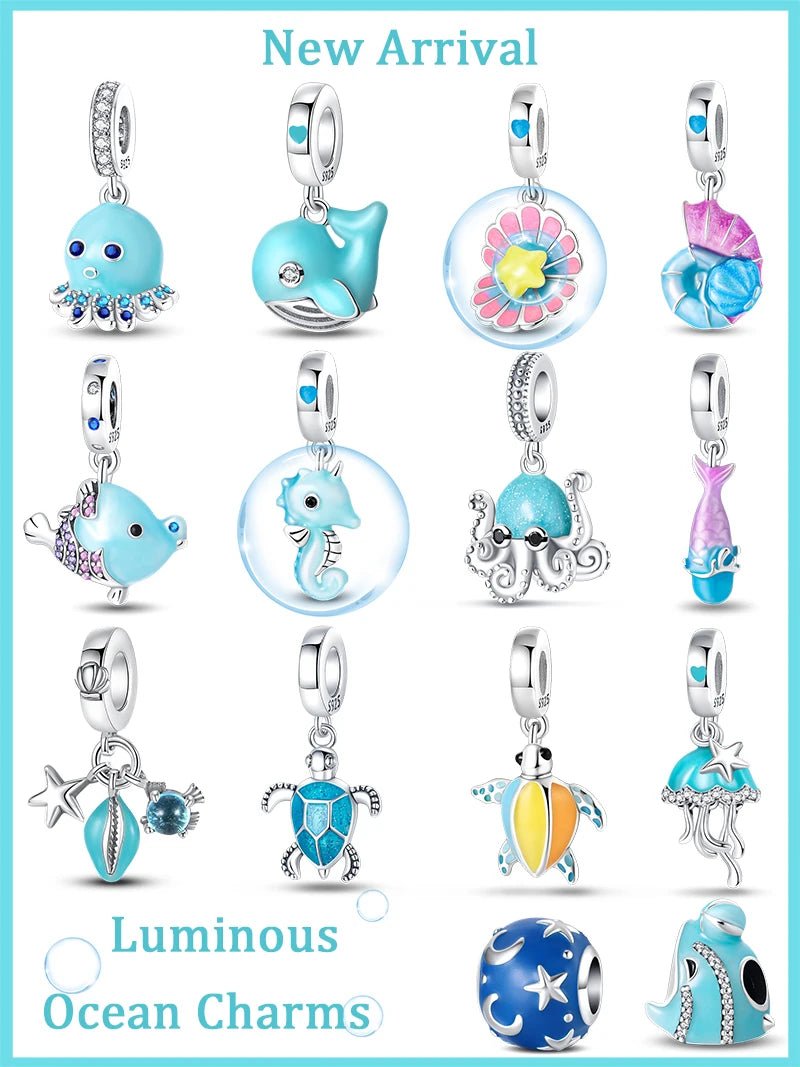 New 100% 925 Sterling Silver Ocean Luminous Sea Turtle Dolphin Octopus Charms Beads Fit Qikaola Original Bracelets DIY Jewelry