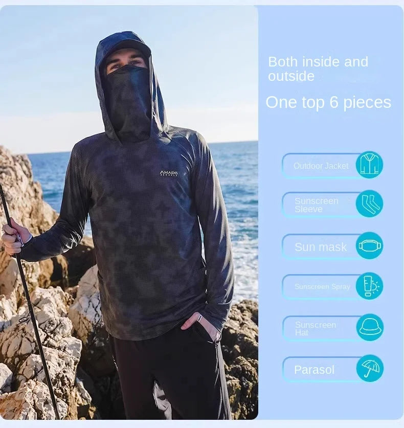 Camouflage Fishing Shirts Sun Protection Clothing Ultra-thin Ice Silk Summer Outdoor Lure UV Protection Breathable Men Shirt