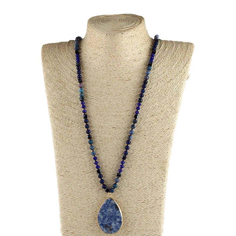 Fashion Bohemian Jewelry Accessory 6mm Stone/Glass Knotted Stone Drop Pendant Necklaces Women Beaded Necklace
