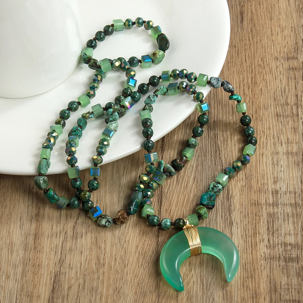 New Natural Crystal Aventurine Jade Agate Bull Horn Pendant 6mm Natural Stone Glass Knot Necklace Sweater Chain Women's Gift