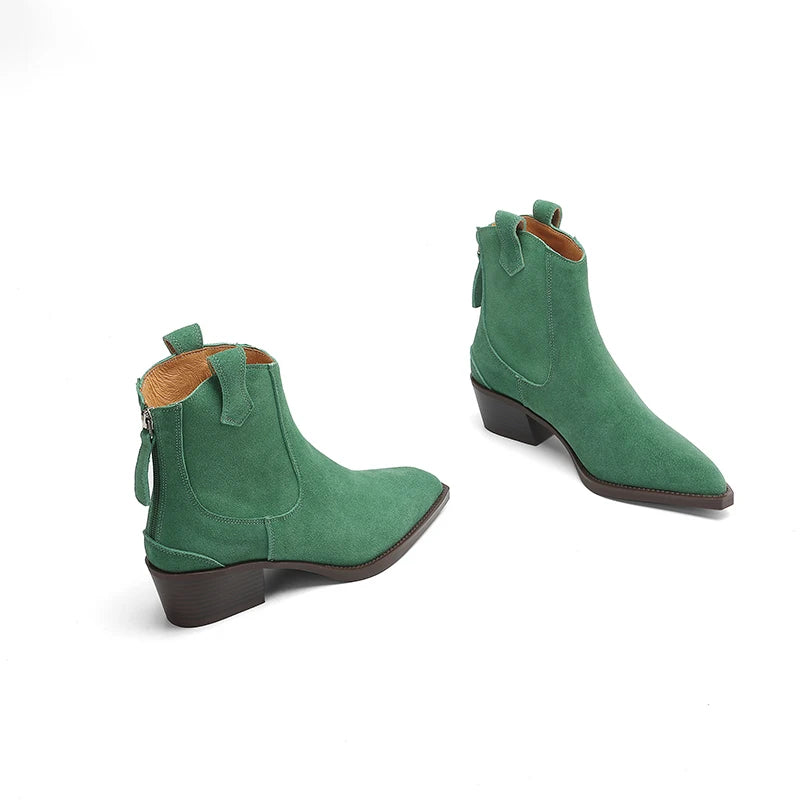 2025 Autumn Winter Trend Cow Suede Women Western Boots Black Brown Khaki Purple Green Burgundy Pointed Toe Ladies Ankle Boots