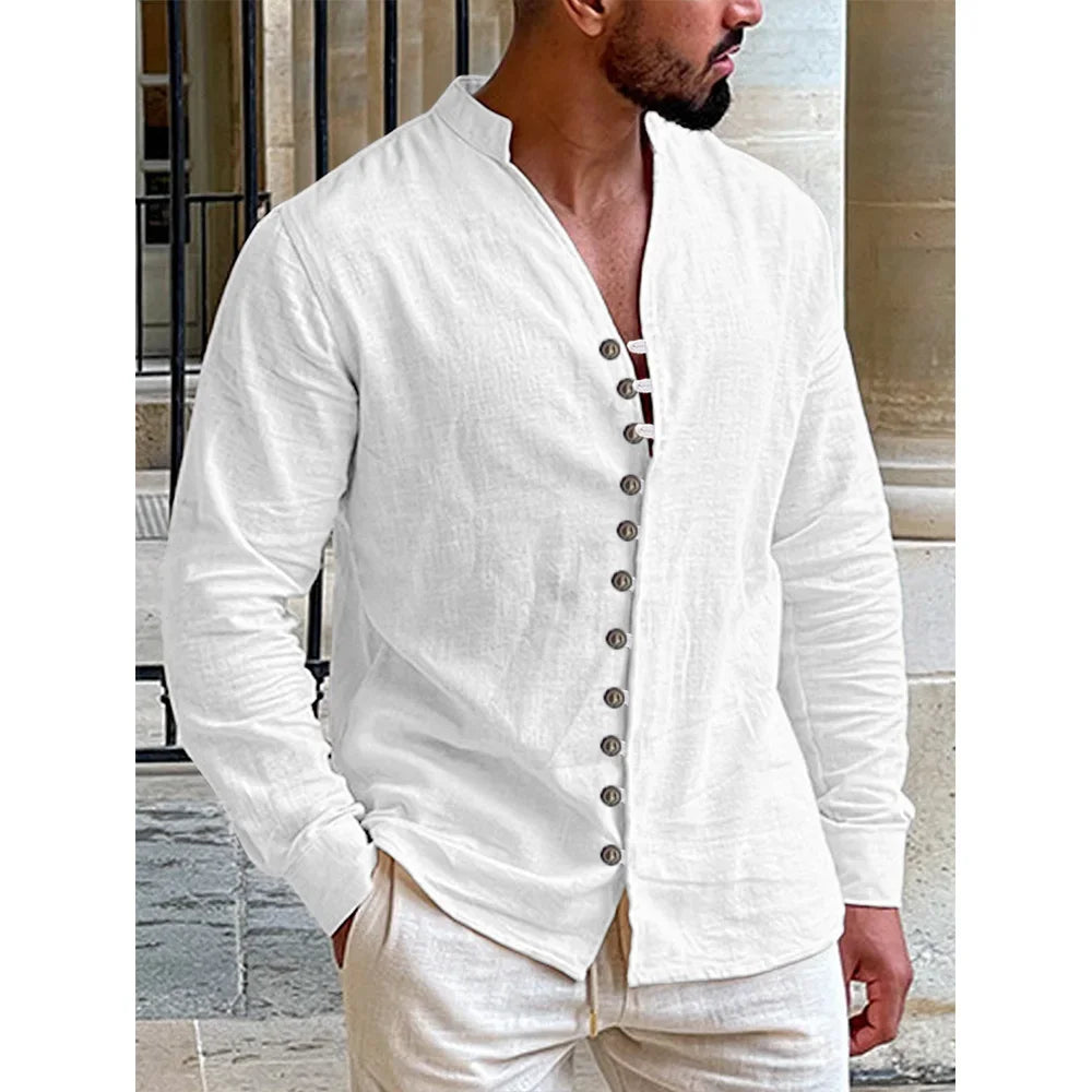 Men's Multi-buttons Shirts Cotton Linen Hawaiian Beach Shirt Long Sleeves Stand Collar Lightweight Breathable Men's Shirt