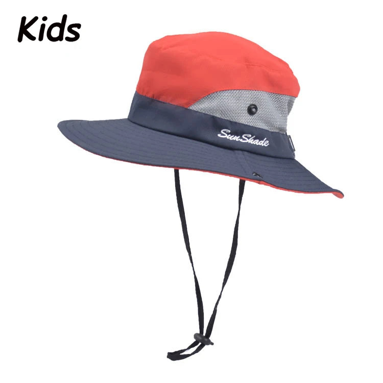 Women Summer Adjustable Bucket Hat with a Ponytail Hole Girls Sun Protection Hiking Cap Parent-child Outdoor Wide Brim Headgear