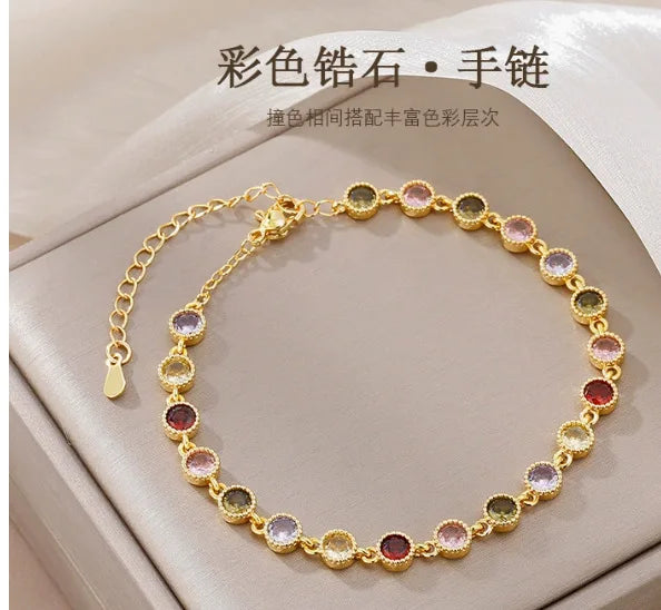 925 Sterling Silver Rainbow Zircon Round Chain Charms Bracelets Woman Couple Designer Jewelry Accessories Wholesalea Jewellery