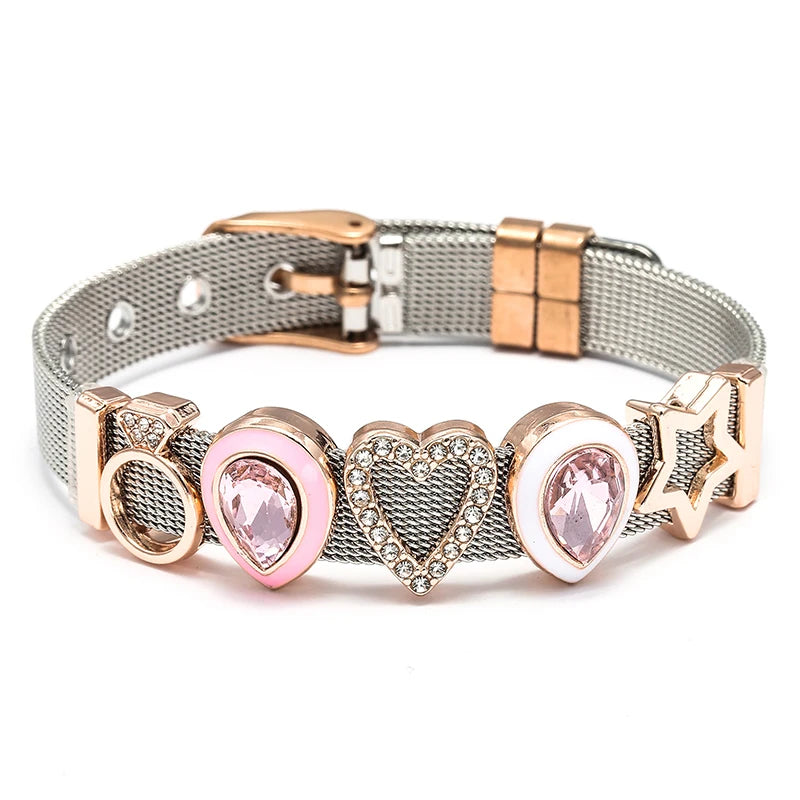 Silver Color Stainless Steel Mesh Bracelets For Women Crystal Santa Claus Beads Charm Watch Belt BraceletsBangles Christmas Gift