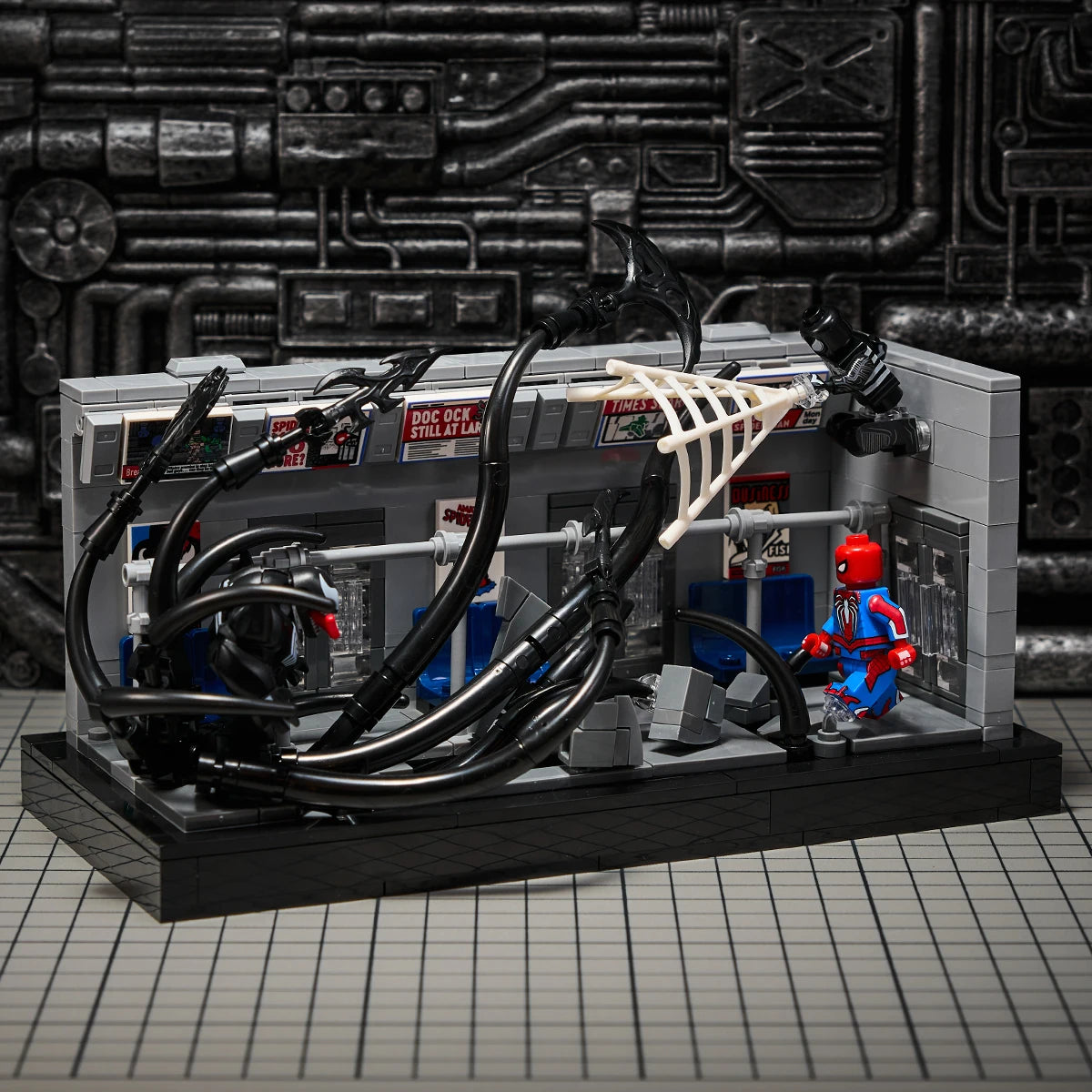 MOC scene: Marvel Venom vs. Spider-Man in the subway. Spider-Man's assembled toy bricks. Christmas gift for a boy and a girl.