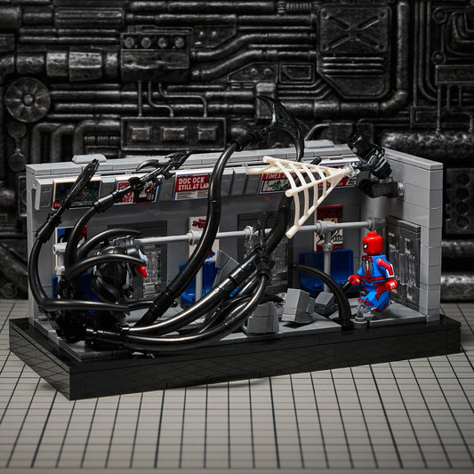 MOC scene: Marvel Venom vs. Spider-Man in the subway. Spider-Man's assembled toy bricks. Christmas gift for a boy and a girl.