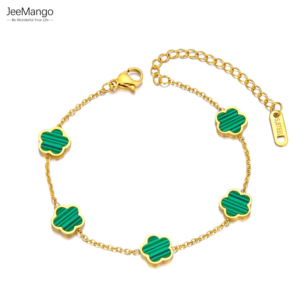 JeeMango Fashion Stainless Steel White Black Green Shell Flower Charm Bracelets For Women Real Gold Plated Chain Jewelry JB23071