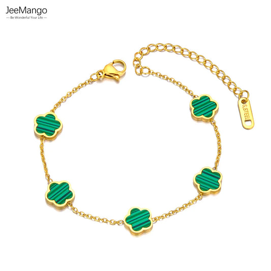 JeeMango Fashion Stainless Steel White Black Green Shell Flower Charm Bracelets For Women Real Gold Plated Chain Jewelry JB23071