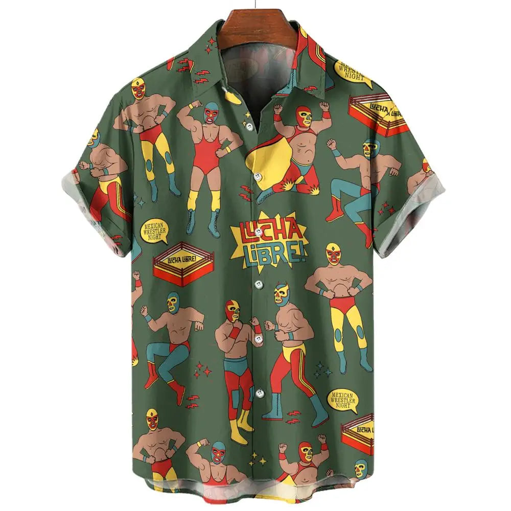 New Retro Men's Shirt 3d Mexican Wrestling Print Short Sleeve Shirt Fashion Man Clothing Loose Oversized Hawaiian Shirts For Men