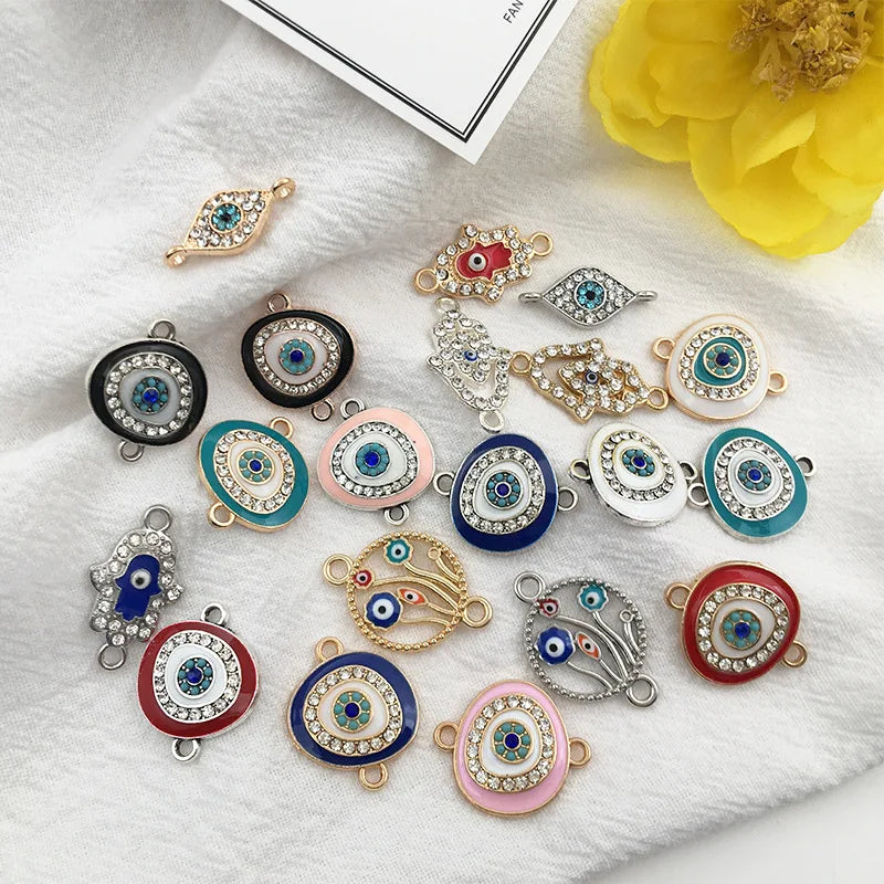 KC 2 Holes Connector Rhinestone Evil Eye Charm For Jewelry Making DIY Bracelet Necklace Bangle Accessories Supplies Wholesale