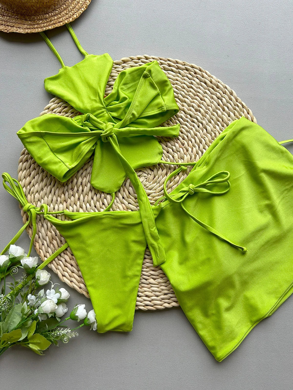 Sexy Green 3D Floral Bikinis Sets Women Halter Push Up Pleate Skirt 3 Piece Swimsuit 2025 Beach Bathing Suit Thong Swimwear