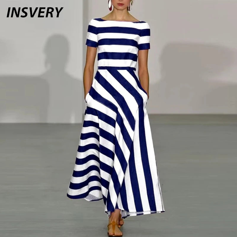 Summer Short Sleeve Long Dress Women Fashion Striped Printed A-Line Party Dresses For Women Casual Sundress