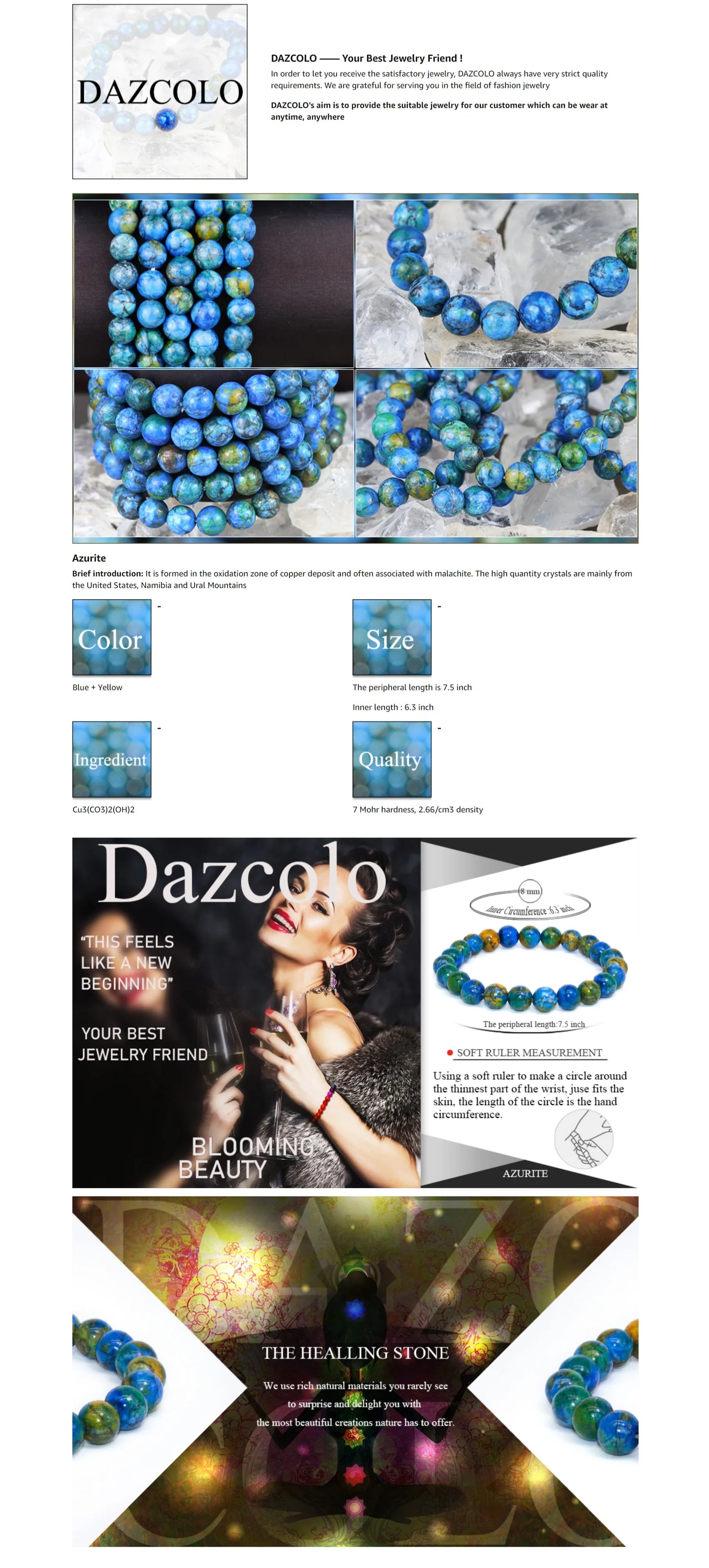 Natural Gemstone Bracelet with Round Beads Healing Azurite For Women Men Wedding Party Fashion Luxury Jewelry Christmas Gifts
