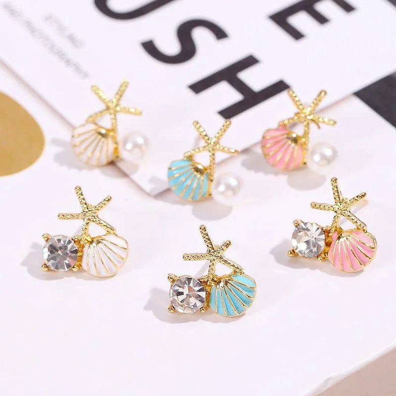 Fashion Asymmetric Ocean Style Earrings Stud  For Women Starfish Shell Earring Ear Ring Imitation Pearl Zircon Jewelry Gift