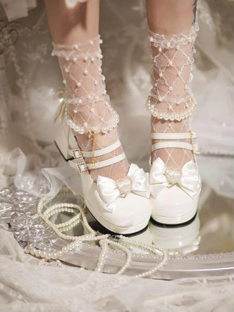Lolita Shoes New Japanese Cute Round Head Pearl Bow Clips Leather Shoes Pumps Women Mary Jane Shoes High Heels Girls