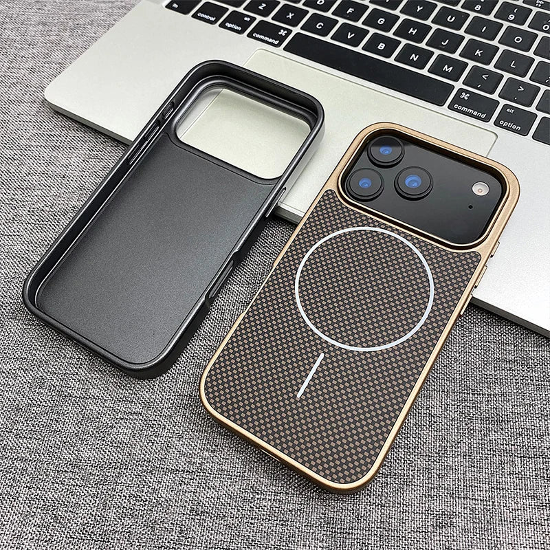 Carbon Fiber Texture MagSafe Phone Case For iPhone 17 Pro 16 pro max 15 Pro 14 13 12 Senior Frosted Wireless Charging Back Cover