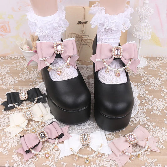 Jirai Kei Style Mine Lace Splicing Bow Shoes Accessories Lolita Beaded Heart Rhinestone Bow Shoe Clip Mary Janes Buckle