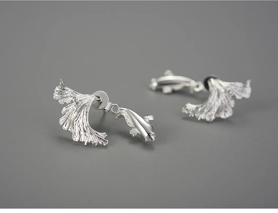 Lotus Fun 18K Gold Unusual Divided Design Fighting Fish Stud Earrings for Women Real 925 Sterling Silver Original Fine Jewelry