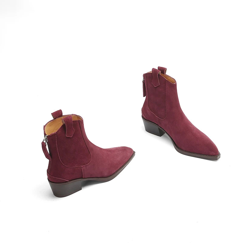 2025 Autumn Winter Trend Cow Suede Women Western Boots Black Brown Khaki Purple Green Burgundy Pointed Toe Ladies Ankle Boots