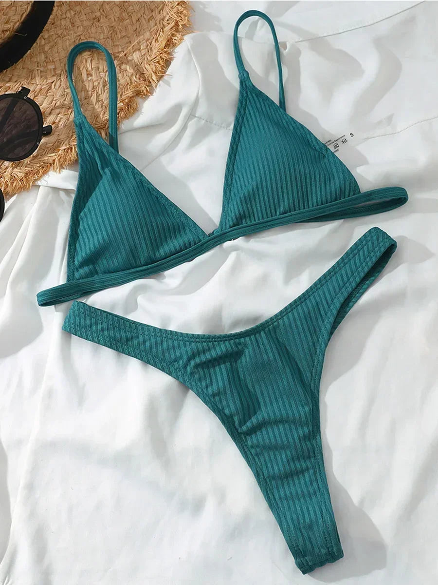 Bandeau Tanga Bikinis Ribbed Bikini 2025 Sexy High Cut Bikini Set Brazilian Swimsuit Thong Swimwear Women Girls Swimming Suit