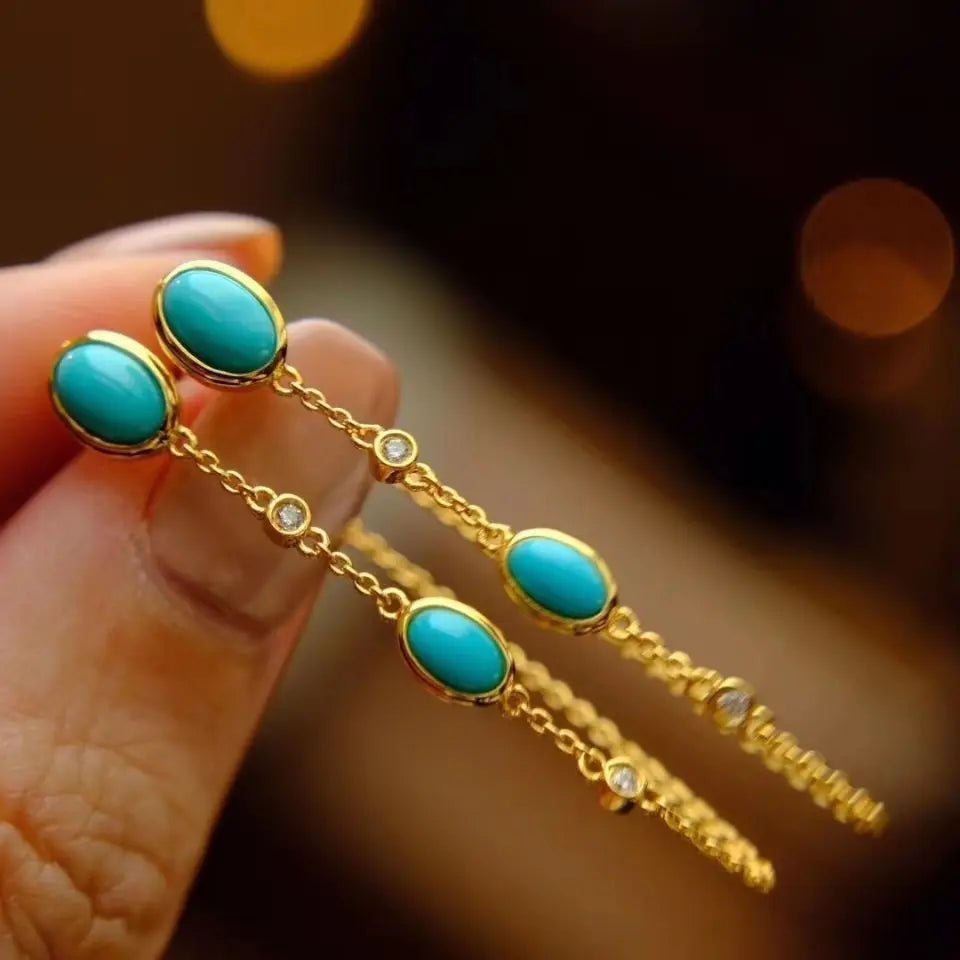 New original Turquoise long Tassel Earrings Chinese style retro unique ancient gold craft light luxury Christmas gift