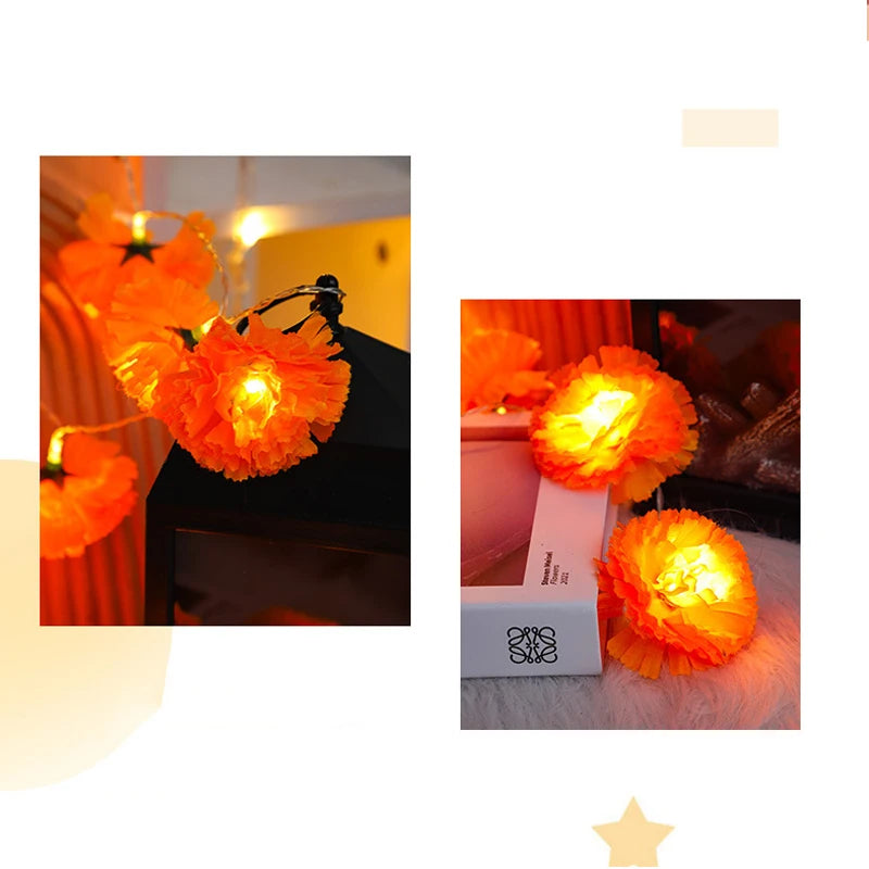 Mexican Marigold Artificial Flowers Day Of The Dead Diy Home Outdoor Decor Halloween Diwali Party 1.5m Garland String Lights