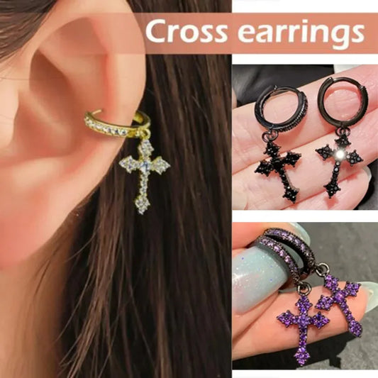 New Trendy Punk Zircon Crystal Cross Earring for Women Men Goth Hip Hop Piercing Black Hoop Earrings Fashion Party Jewelry Gifts