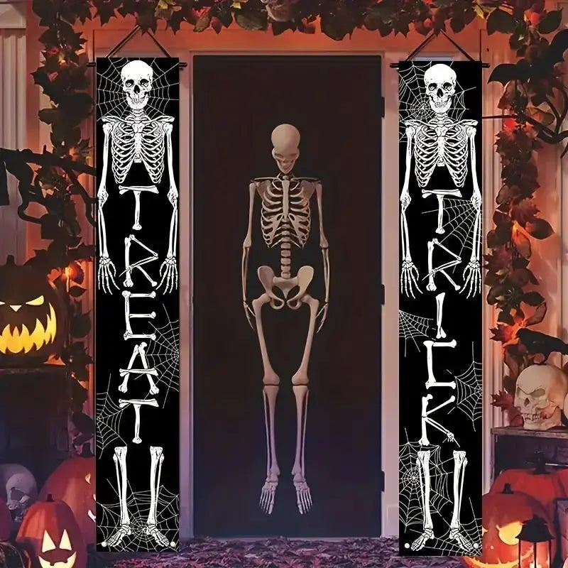 VIKAMA Ghost Skull Halloween Door Banner, Trick or Treat Decor Hanging Background Door Porch Welcome Sign Party Supplies