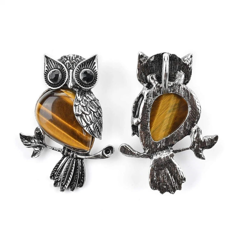 Owl Necklace Healing Crystal Stones Pendant Necklaces for Women Men Natural Amethyst Rose Quartz Gemstone Jewelry