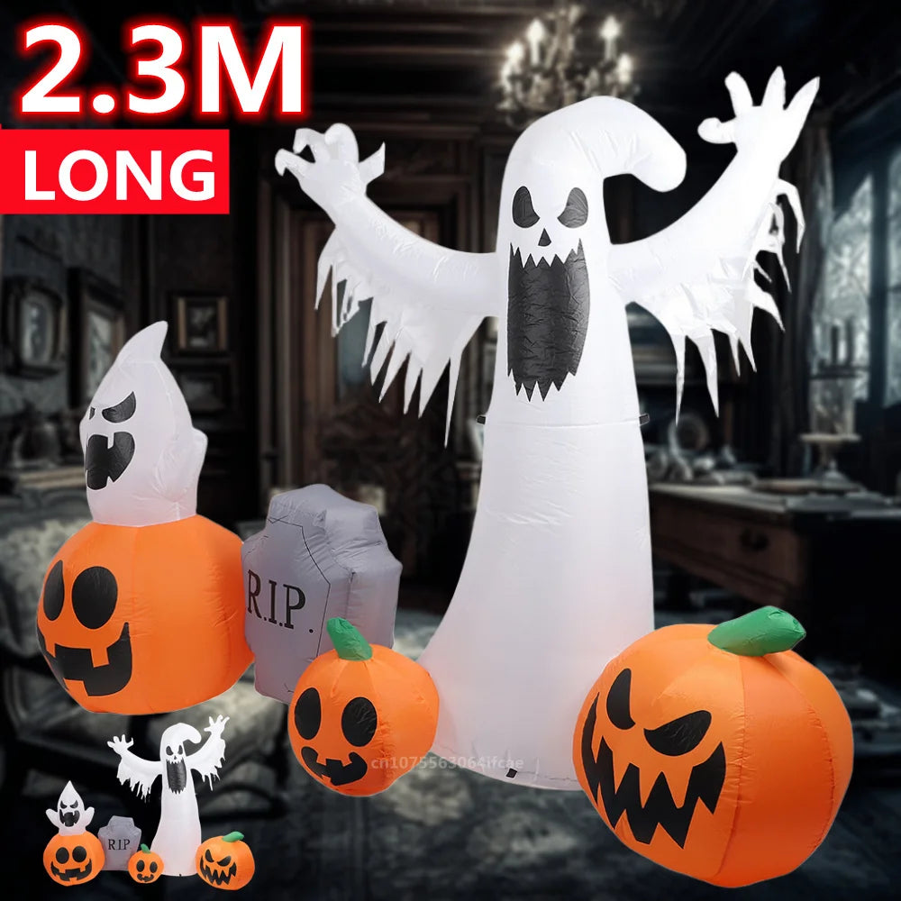2.3M Halloween Pumpkin White Ghost Tombstone combination Built-in LED Lights Halloween Party Indoor Outdoor Inflatable Ornament