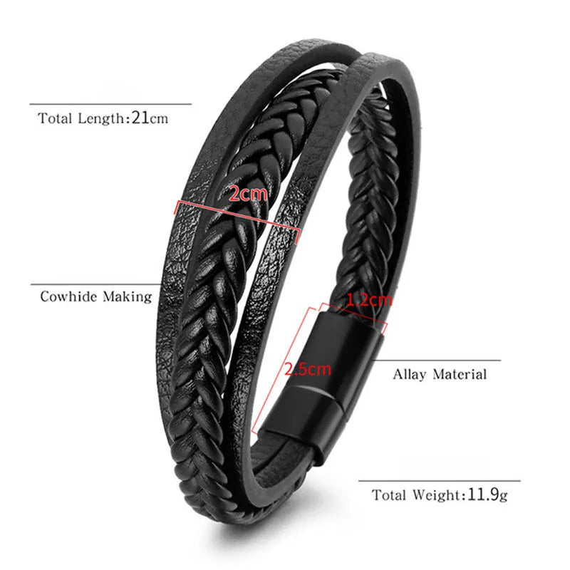 Vintage Genuine Leather Bracelet for Men Handmade Woven Bracelet Magnetic Clasp Wrap Bracelet Homme Hand Jewelry Accessories New