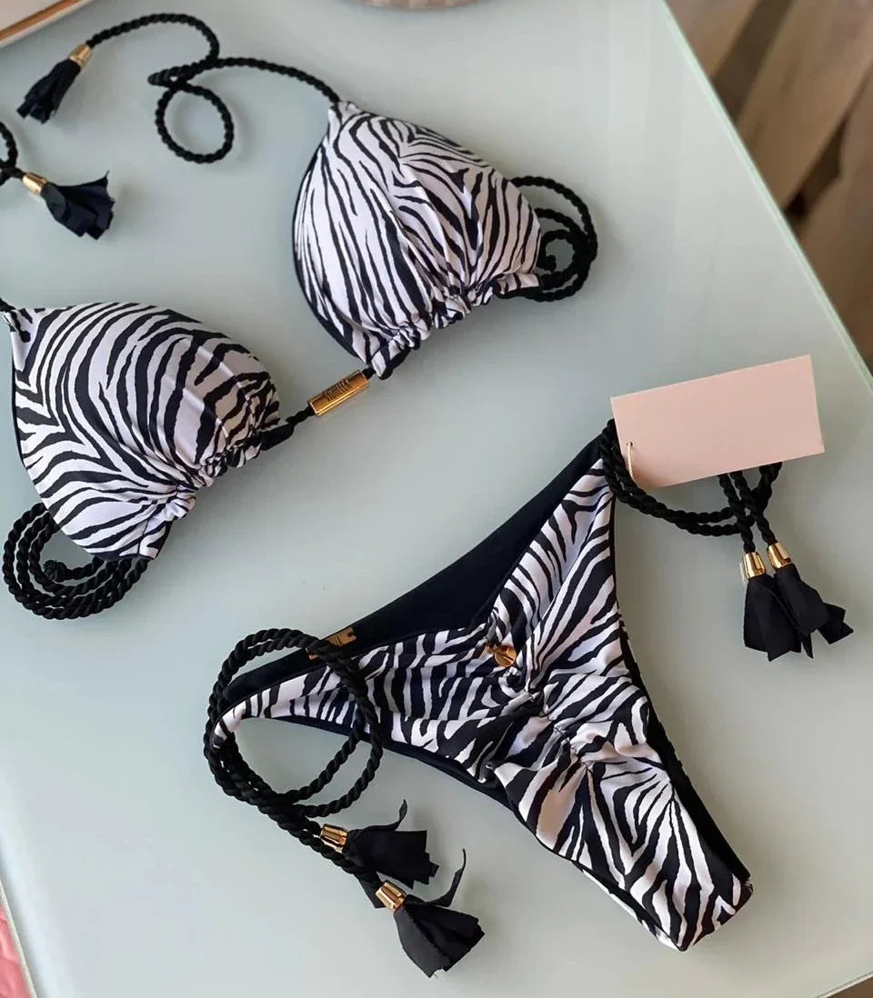 Swimsuit Women Bikinis Set Sexy Drawstring Bikini Beachwear Leopard Two-pieces Swimwear Bathing Suit Lace Up Bikini Set Biquinis
