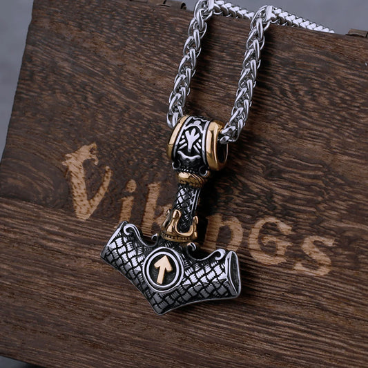 Stainless Steel Viking Thor's Hammer Odin Rune Necklace Men's Charm Hip Hop Biker  Amulet Pendant Vintage Jewelry Christmas Gift