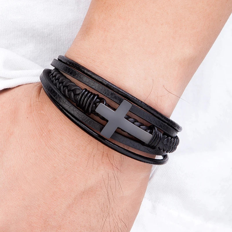 Men's Cross Bracelets Luxury Design Stainless Steel Bangles Classic Leather Bracelet Men Accessories Wrist Band Male Gift