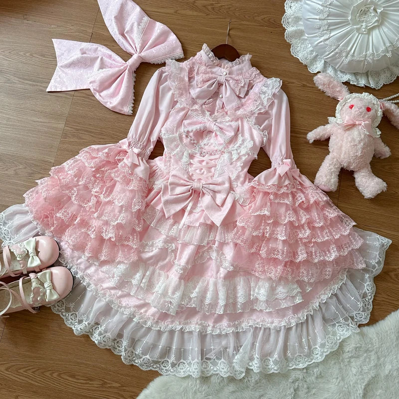 Super Fairy Lolita Dress Set New Spring and Autumn Sweet Girl Women's Flower Lace Bow Shirt Princess Jsk Suspender Dress