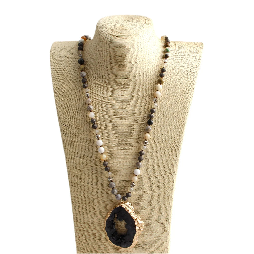 RH 2025 New Fashion Bohemian Style Natural Stone Glass Hematite Knotted Exaggerated Irregular Multicolor Druzy PendantNecklace
