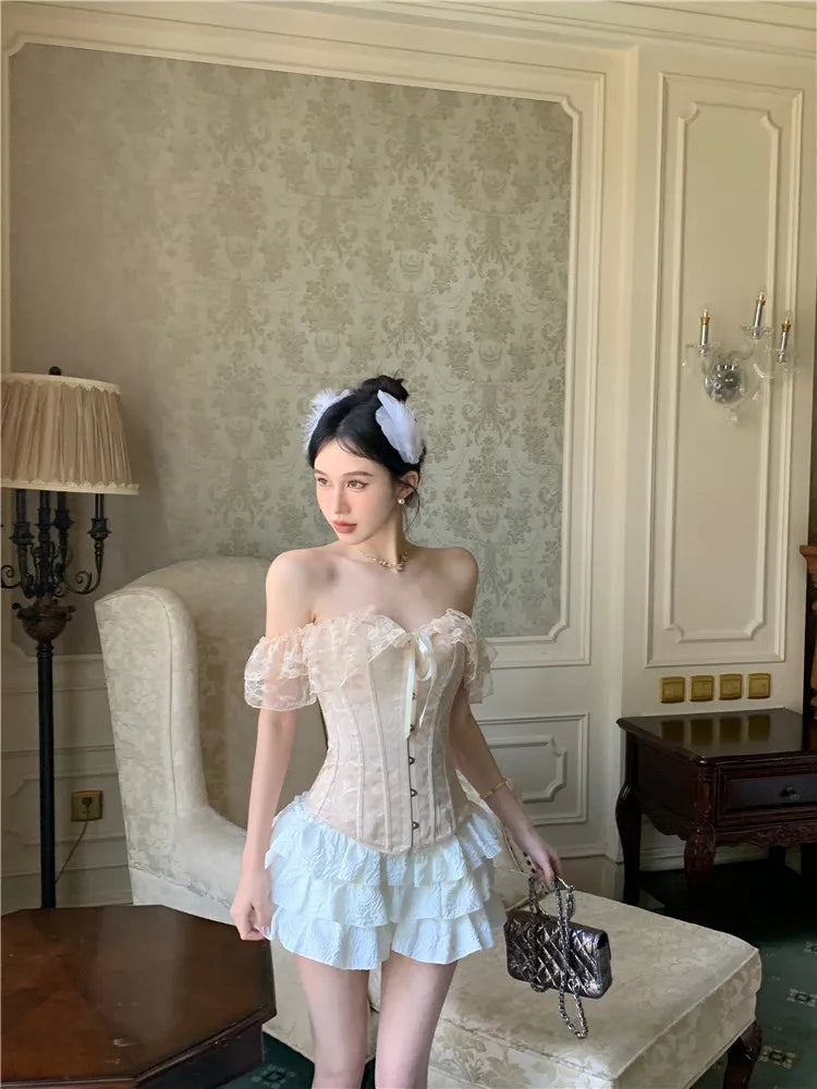 Palace Style Black Fashion Two Piece Sets Women Off Shoulder Lace Up Corset Shirt&Mini Cake Skirt 2025 New Summer 2 Piece Sets