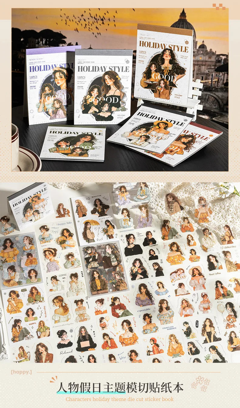 18Pcs PET Sticker Book Holiday Style Decorative Character pack Girls Bottom Daily Stationery Background Scrapbook cut 160*105mm