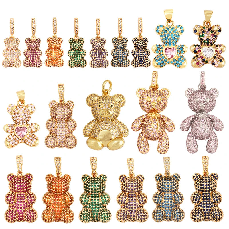 Luxury Fine Inlaid Rainbow Cubic Zirconia Charm Pendant,Cute Bear Jewelry Necklace Bracelet Making Wholesale Supplies M85